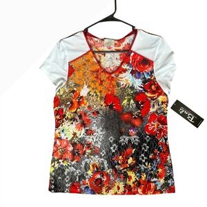 Bali Corp Floral‎ Print Top V Neck Short Sleeve Multicolor Blouse Small